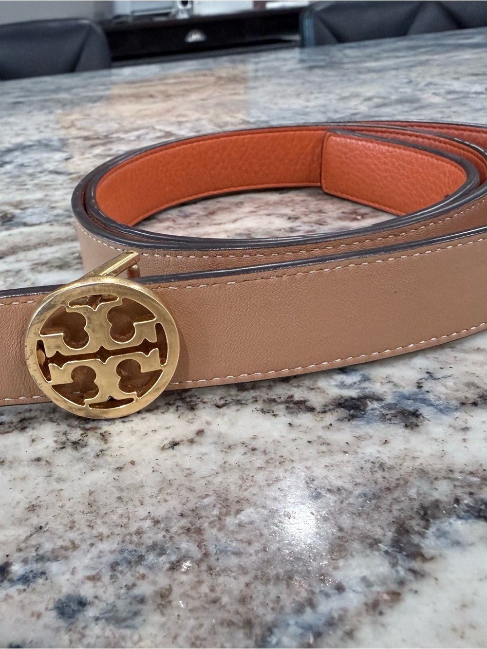 Tory Burch Tan Leather Belt with Gold Logo Buckle and Orange Interior